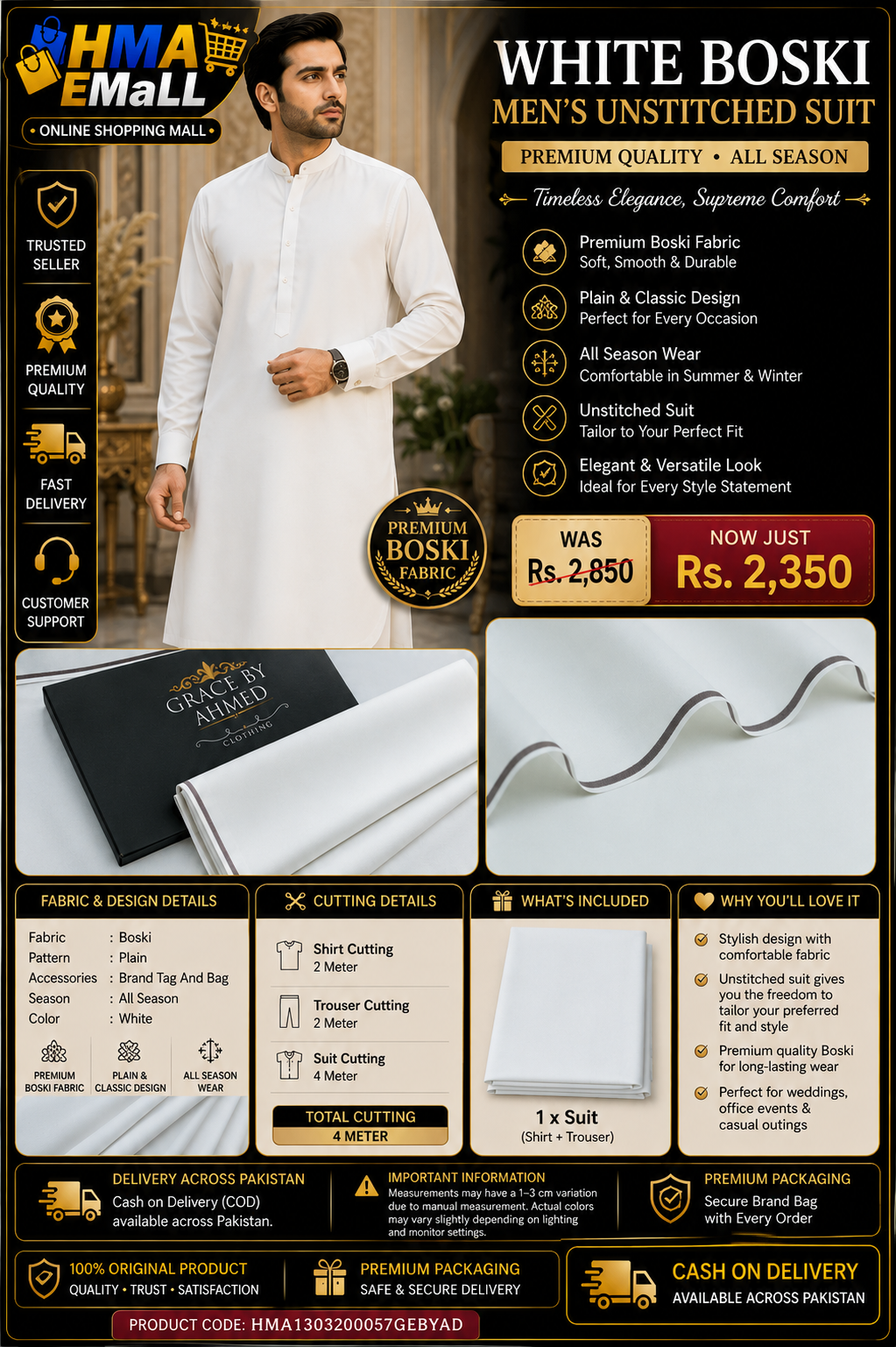 White Boski Men's Unstitched Suit Premium Quality All Season