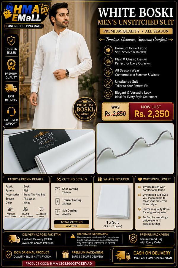 White Boski Men's Unstitched Suit Premium Quality All Season