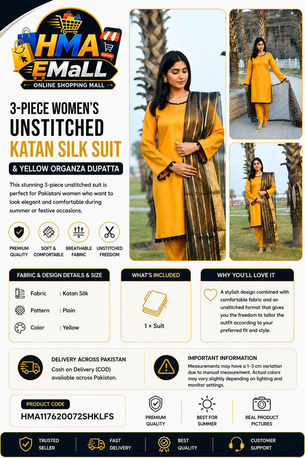 3-Piece Women's Unstitched Katan Silk Suit & Yellow Organza Dupatta