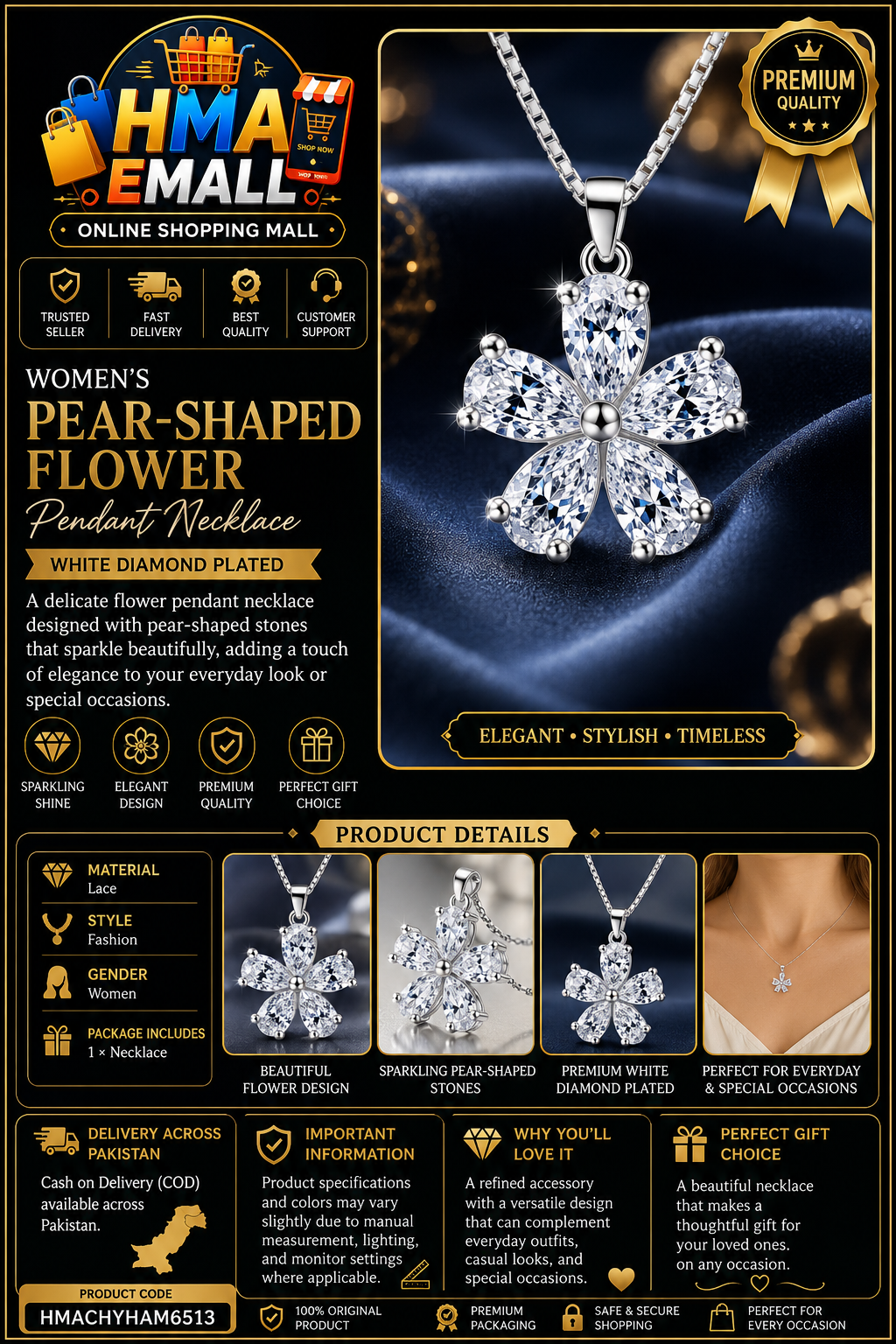 Women's Pear-Shaped Flower Pendant Necklace – White Diamond Plated