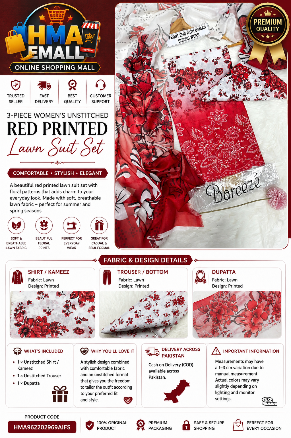 3-Piece Women's Unstitched Red Printed Lawn Suit Set