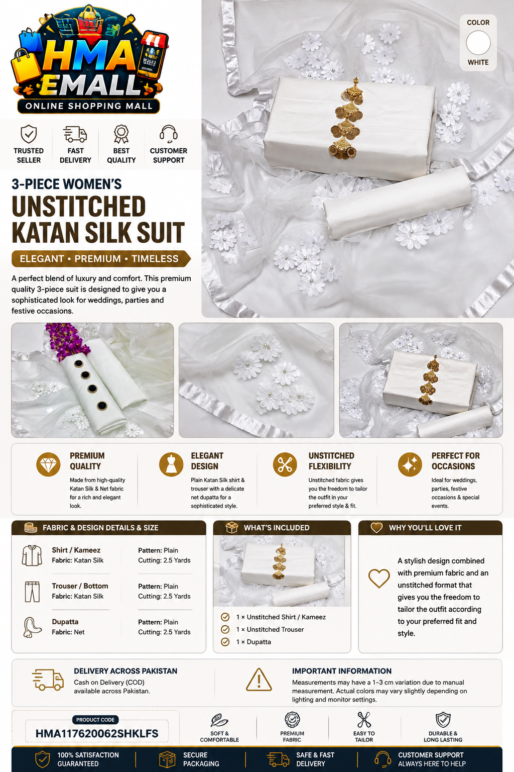 3-Piece Women's Unstitched Katan Silk Suit White Net Dupatta