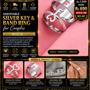 Adjustable Silver Key & Band Ring for Couples