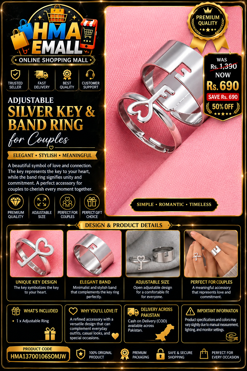Adjustable Silver Key & Band Ring for Couples