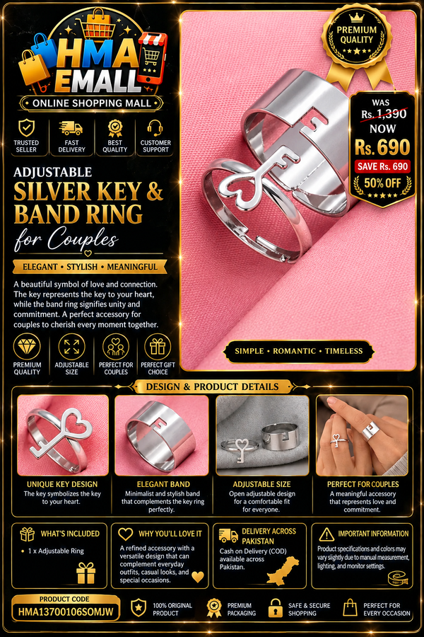 Adjustable Silver Key & Band Ring for Couples