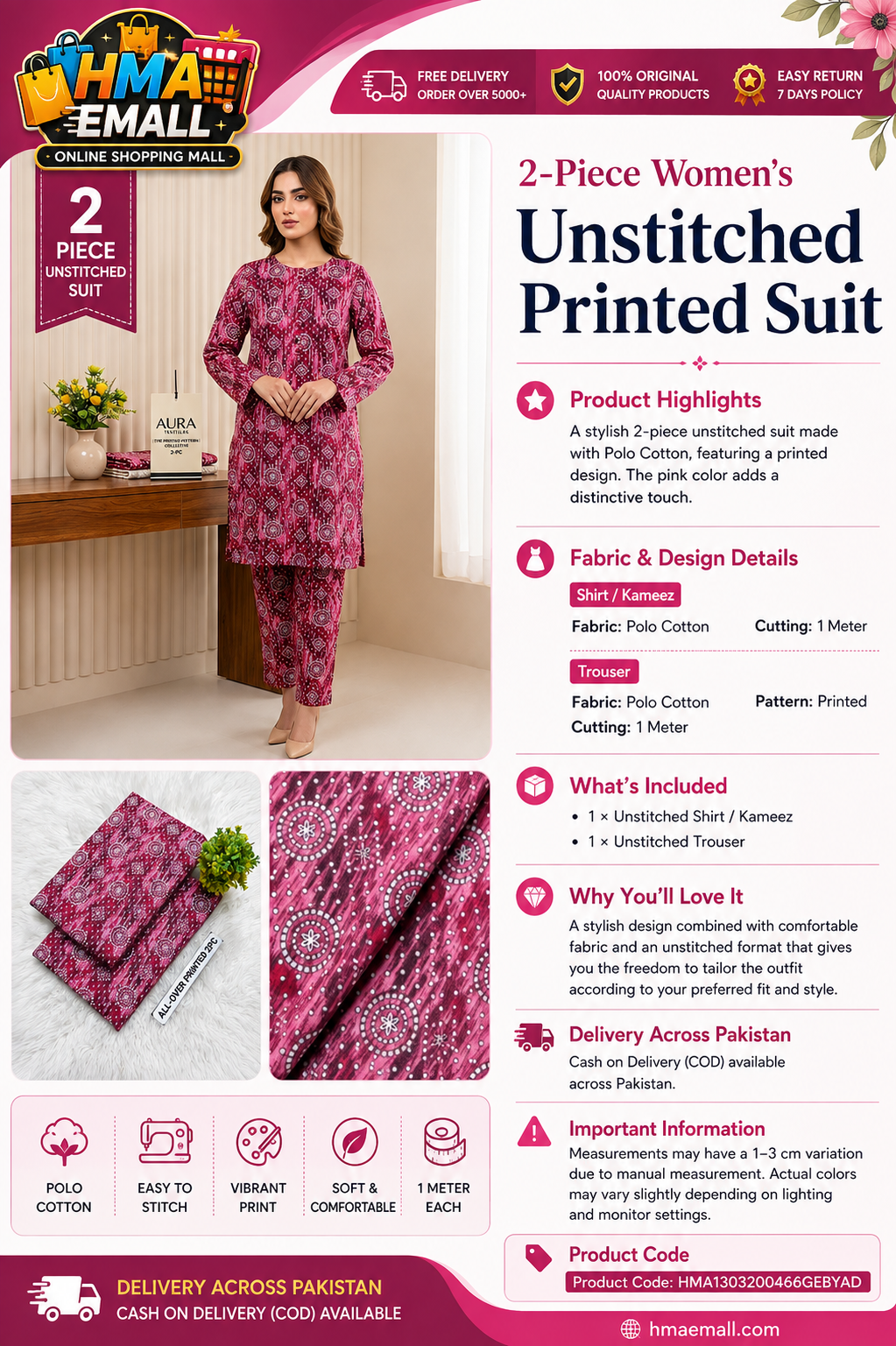 2-Piece Women's Unstitched Printed Suit