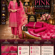 3-Piece Women's Unstitched Pink Katan Silk Wedding Suit with Net Dupatta