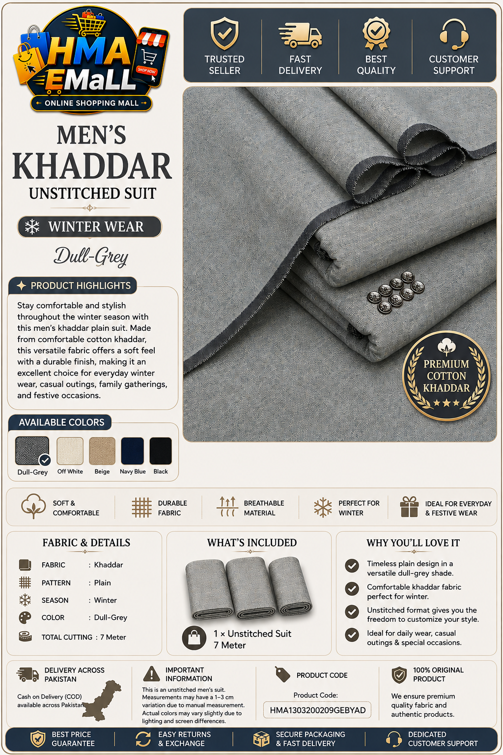 Men's Khaddar Unstitched Grey Suit – Winter Wear