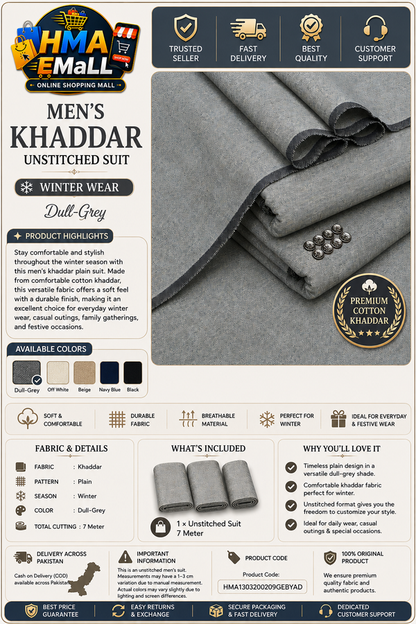 Men's Khaddar Unstitched Grey Suit – Winter Wear