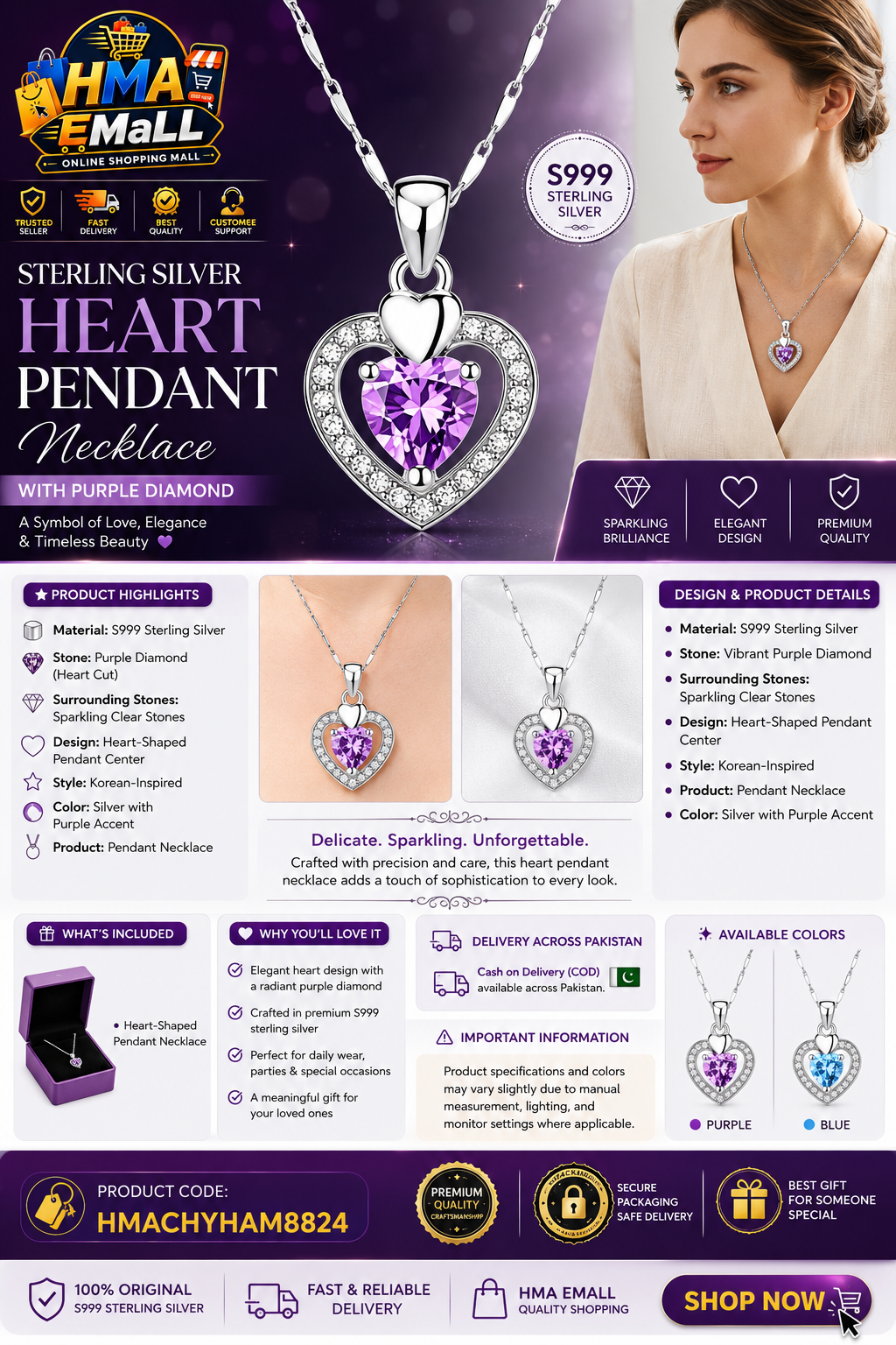 Sterling Silver Heart Pendant Necklace with Purple Diamond