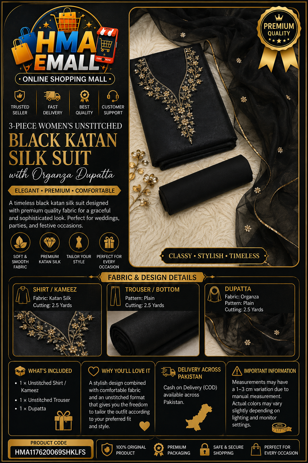 3-Piece Women's Unstitched Black Katan Silk Suit with Organza Dupatta