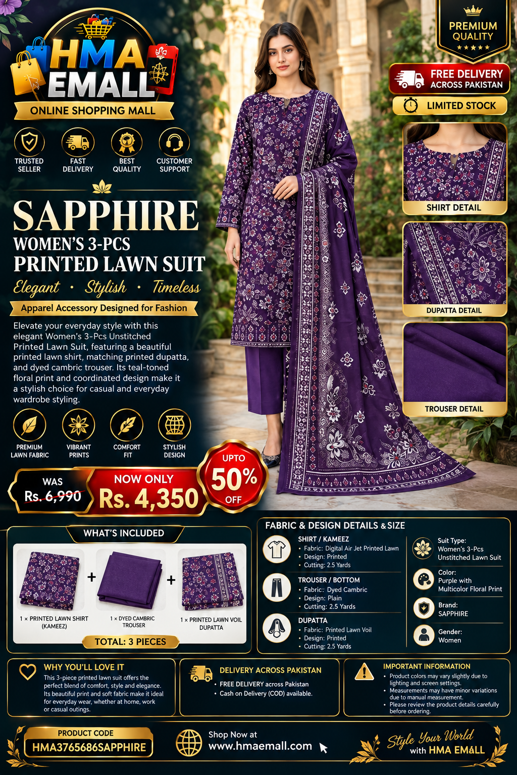 SAPPHIRE – Women’s 3-Pcs Purple-Floral Unstitched Printed Lawn Suit – Apparel Accessory Designed for Fashion