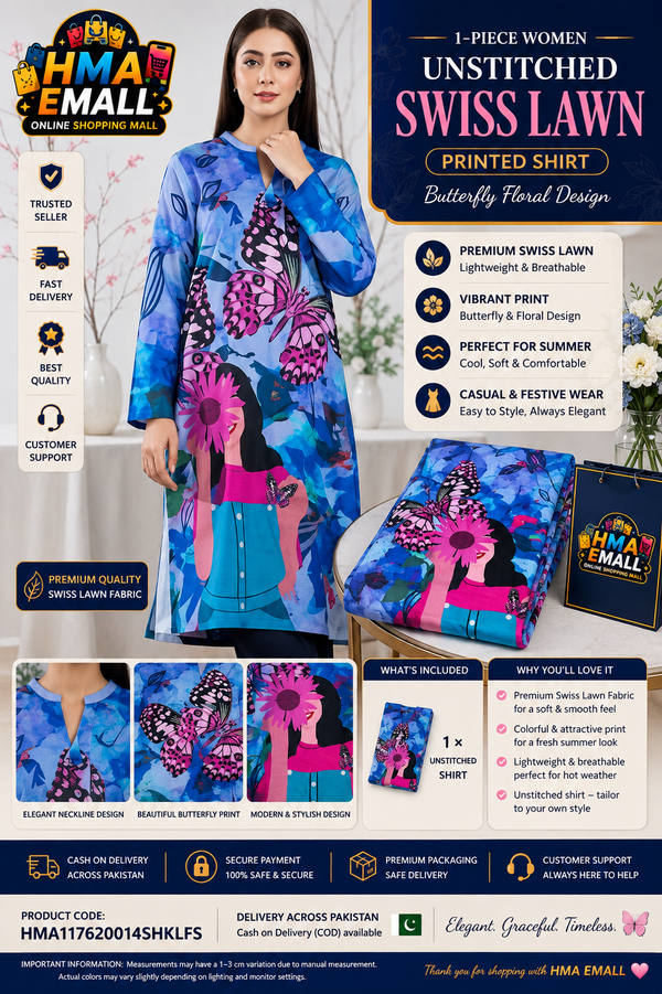 1-Piece Women Unstitched Swiss Lawn Printed Shirt Butterfly Floral Design