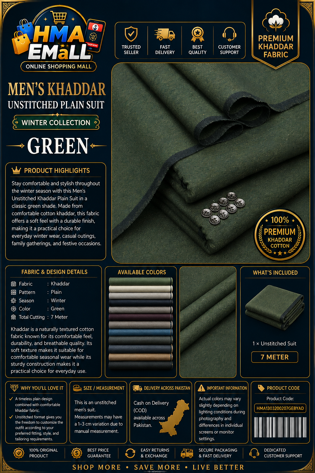 Men's Khaddar Unstitched Green Suit – Winter Wear