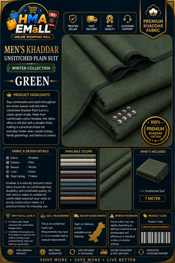Men's Khaddar Unstitched Green Suit – Winter Wear