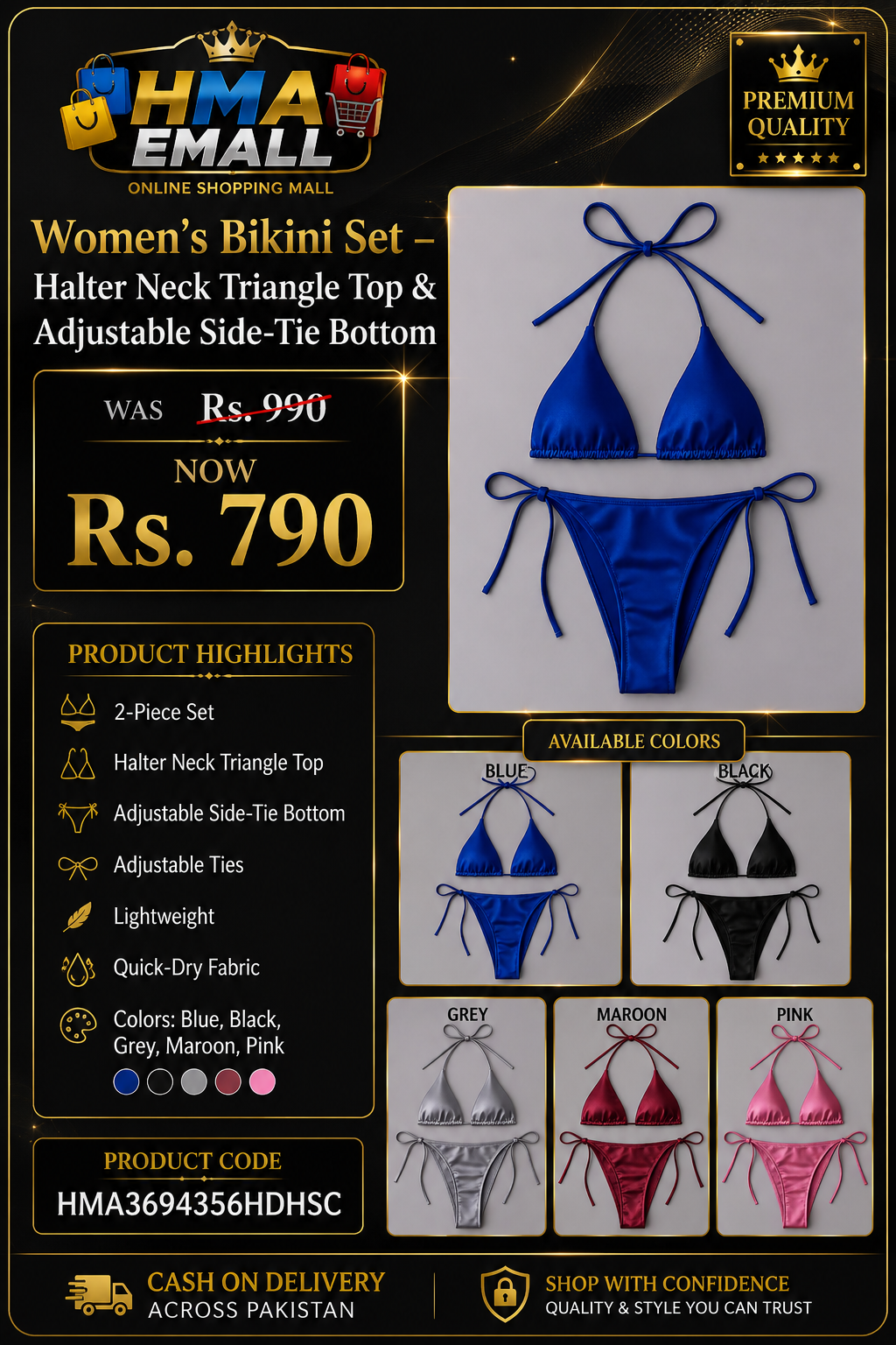 Women’s Bikini Set – Halter Neck Triangle Top & Adjustable Side-Tie Bottom