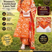 3-Piece Women's Unstitched Orange Printed Lawn Suit for Eid Party Wear