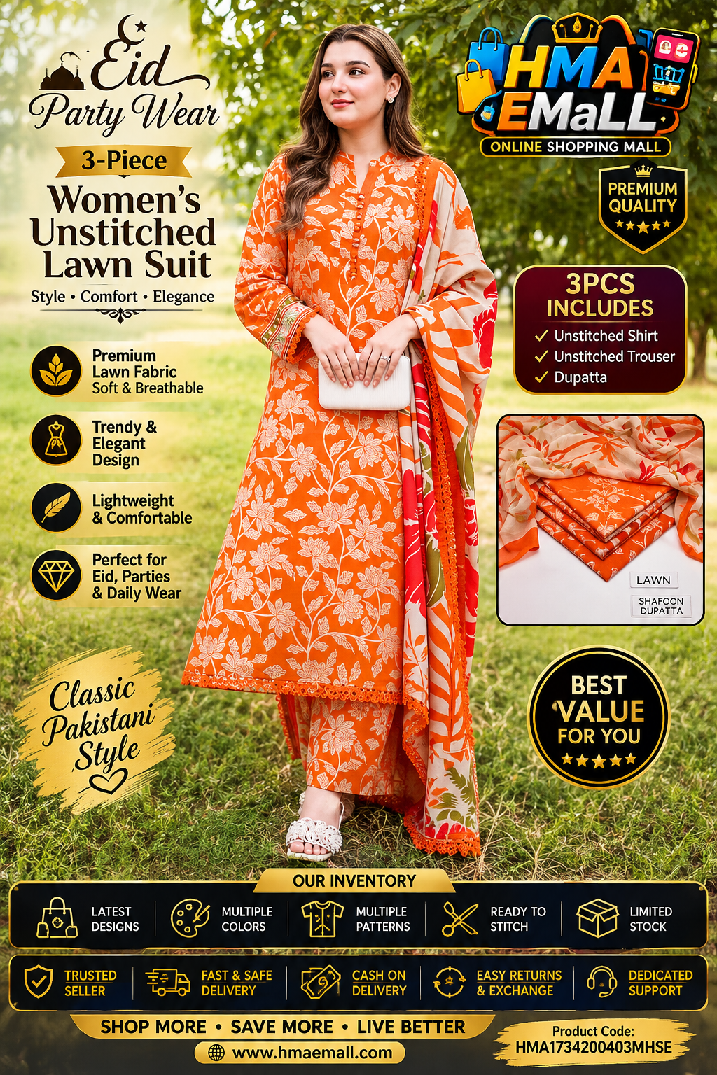 3-Piece Women's Unstitched Orange Printed Lawn Suit for Eid Party Wear