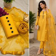 3-Piece Women's Unstitched Yellow Katan Silk Suit