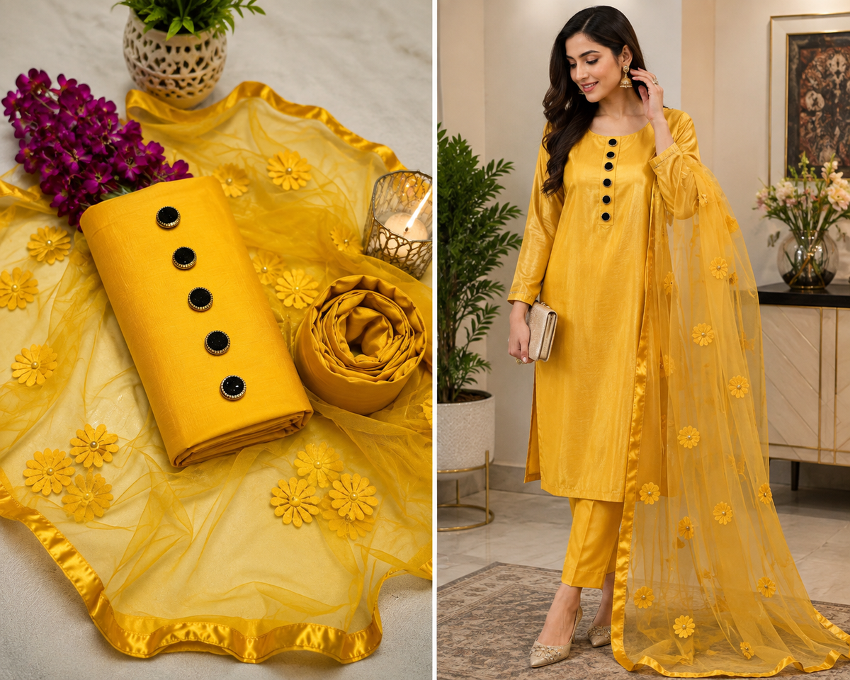 3-Piece Women's Unstitched Yellow Katan Silk Suit