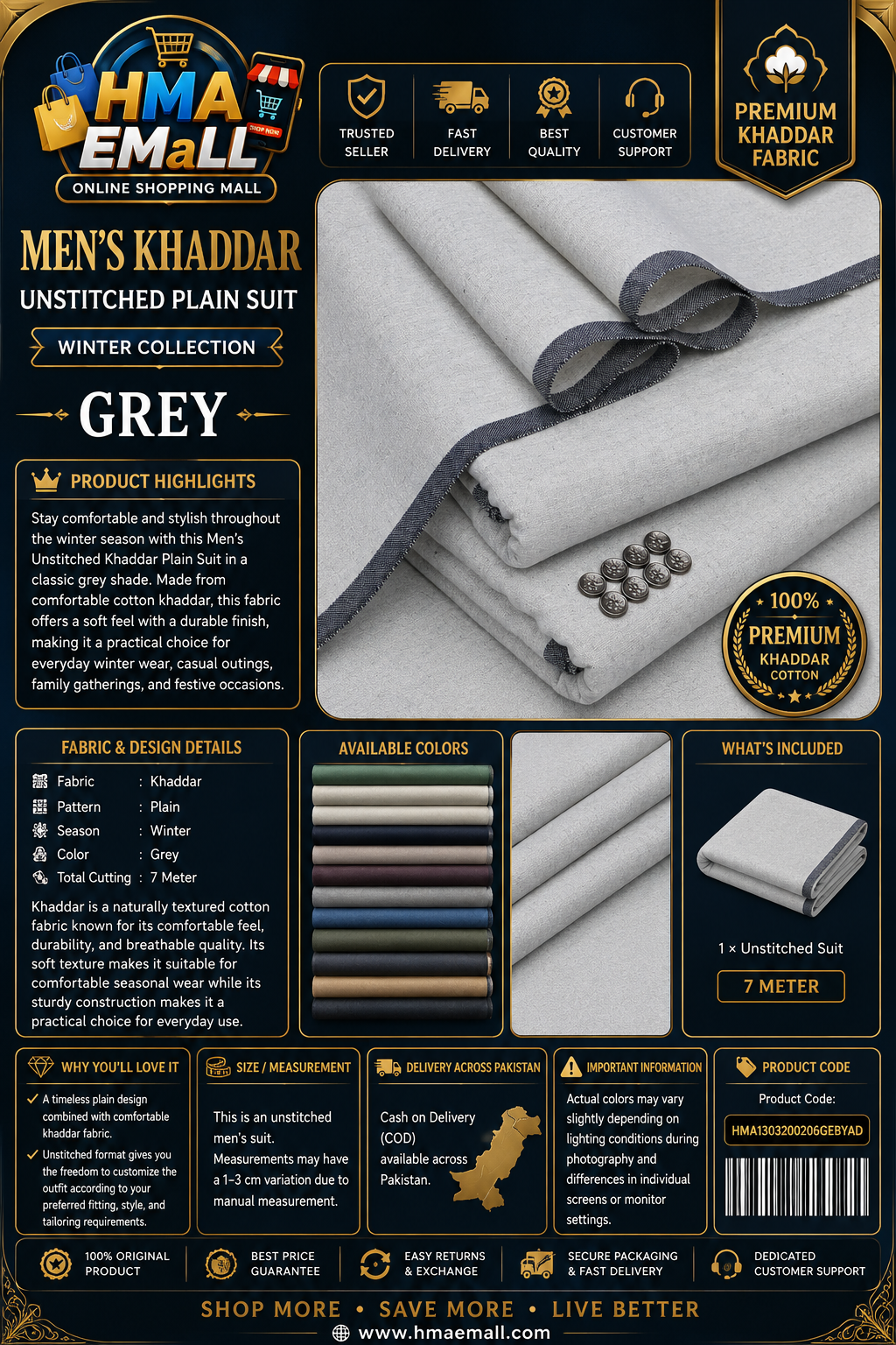 Men's Khaddar Unstitched Grey Suit – Winter Wear