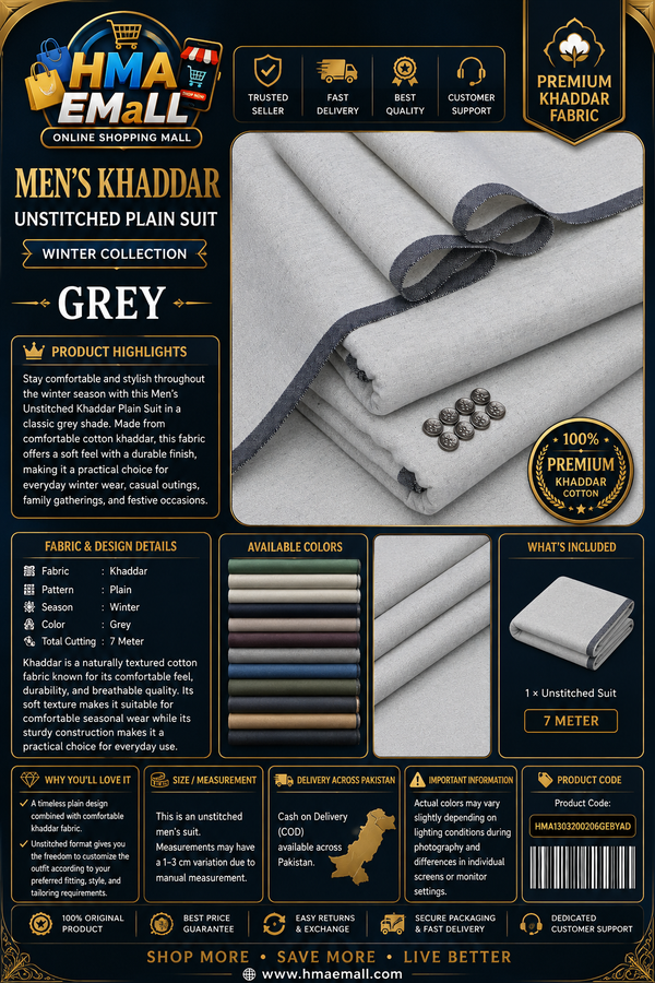 Men's Khaddar Unstitched Grey Suit – Winter Wear