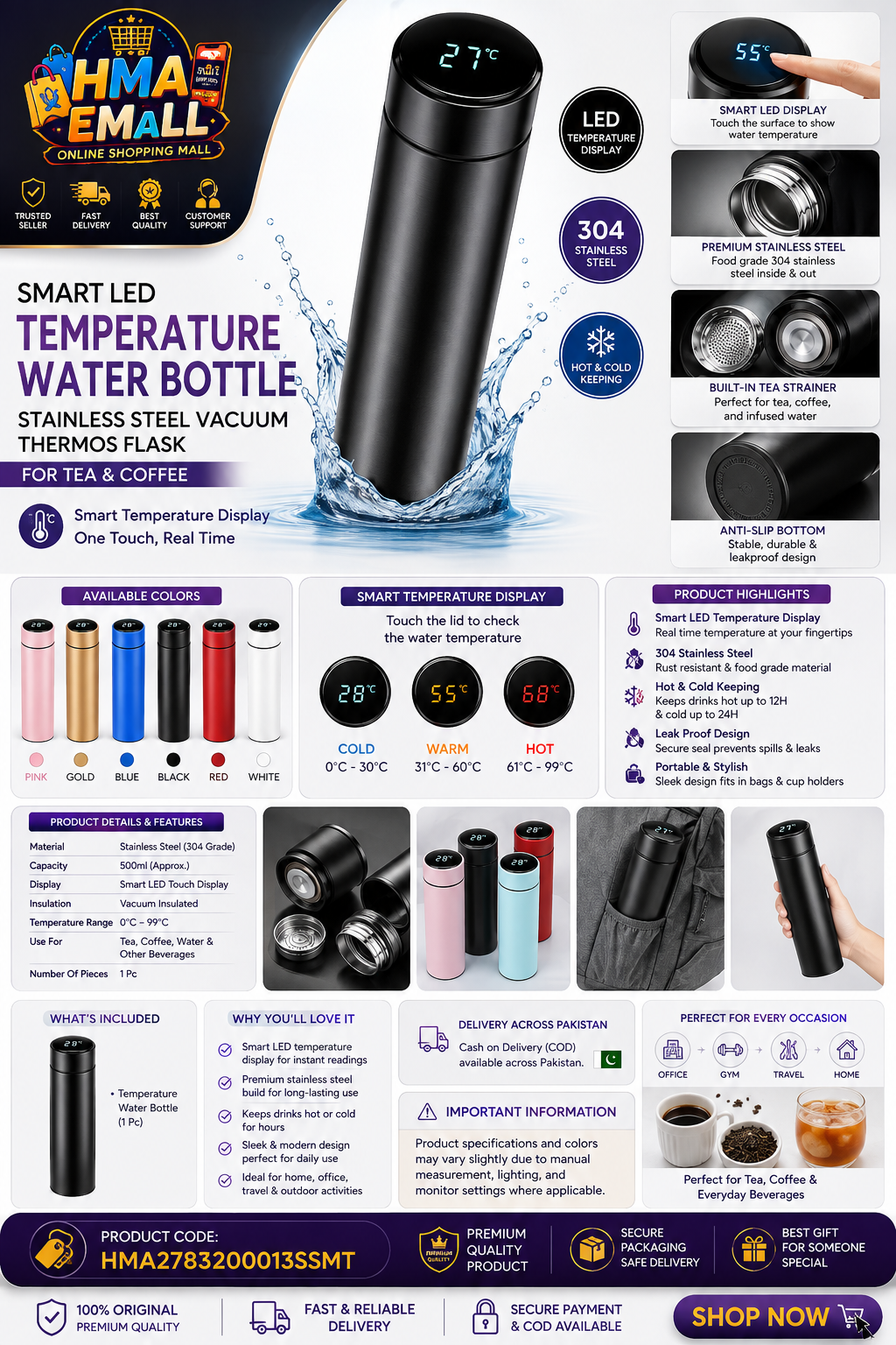 Smart LED Temperature Water Bottle - Stainless Steel Vacuum Thermos Flask for Tea & Coffee