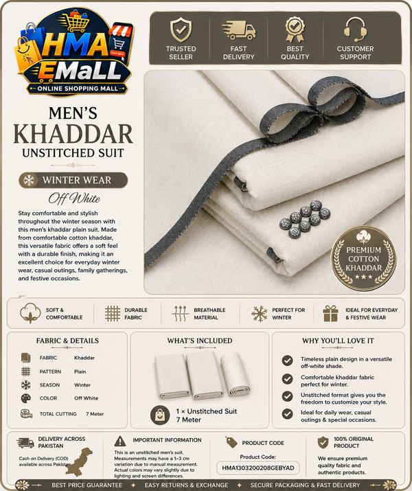 Men's Khaddar Unstitched Off White Suit – Winter Wear