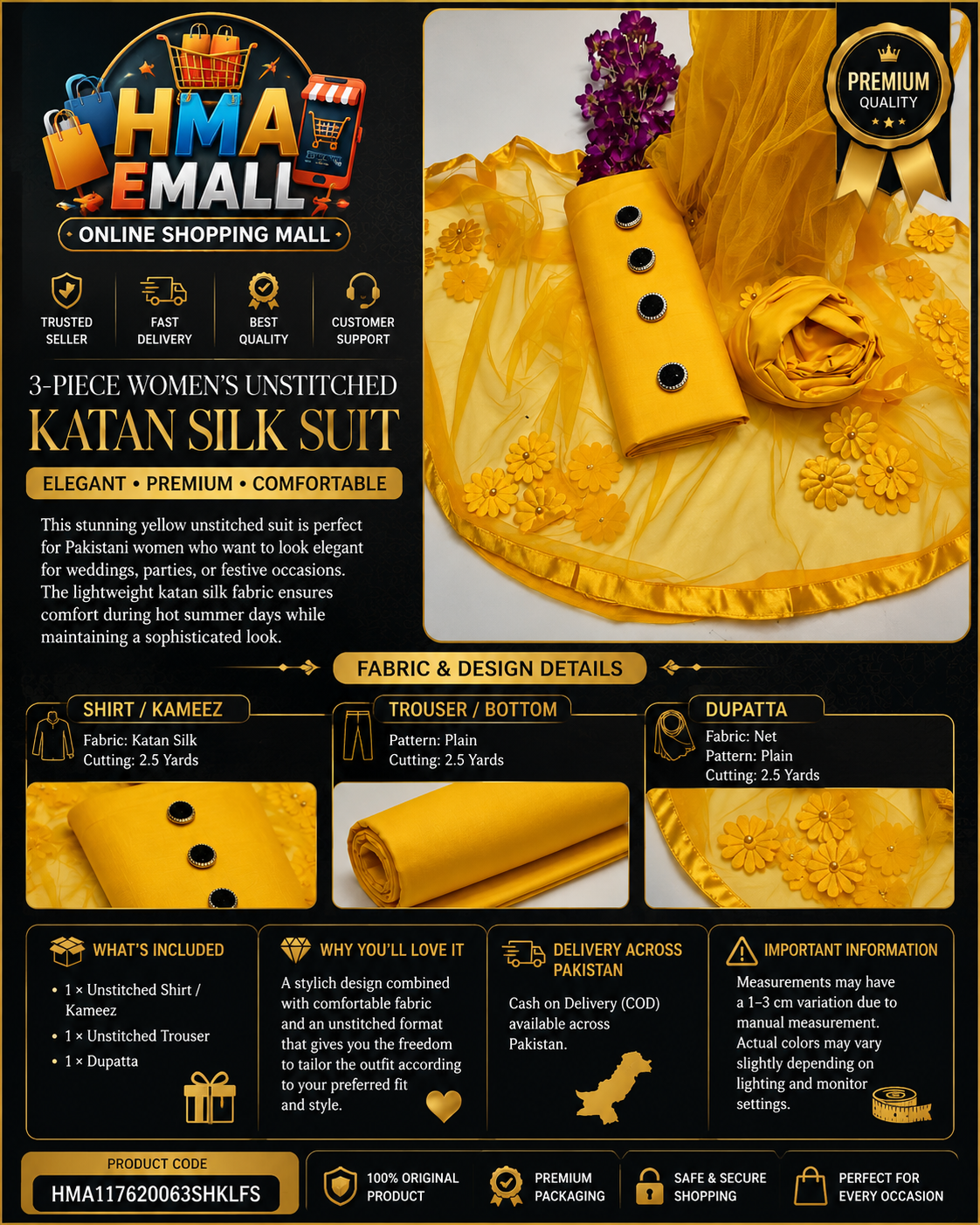 3-Piece Women's Unstitched Yellow Katan Silk Suit