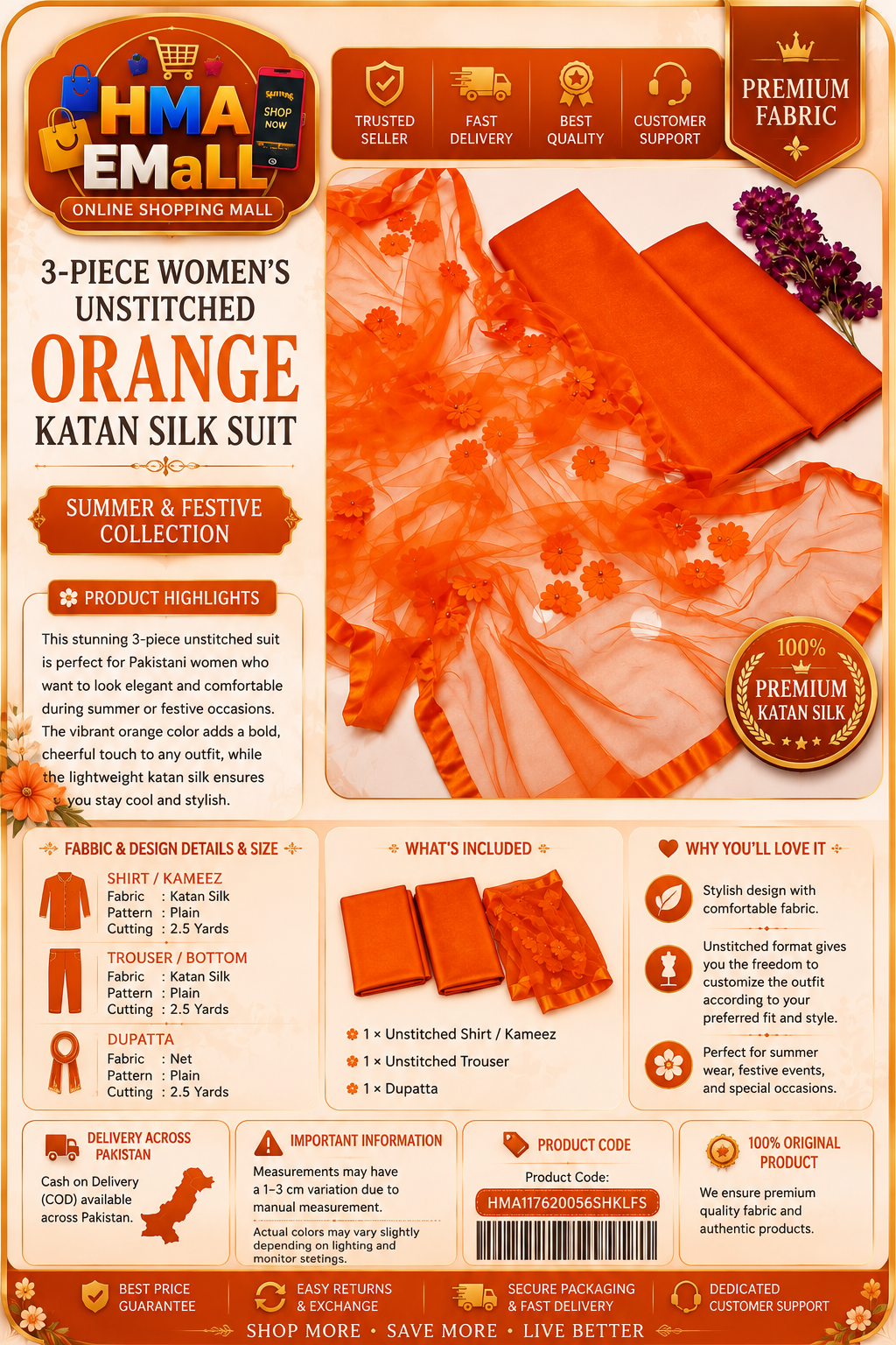 3-Piece Women's Unstitched Orange Katan Silk Suit
