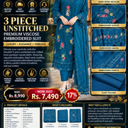 3-Piece Women's Unstitched Viscose Embroidered Suit