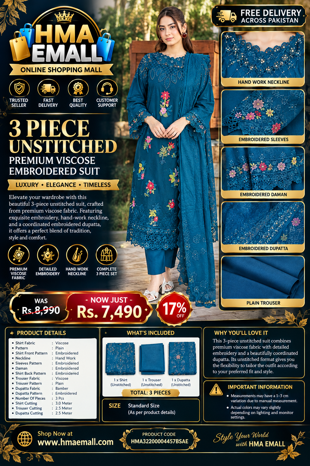 3-Piece Women's Unstitched Viscose Embroidered Suit