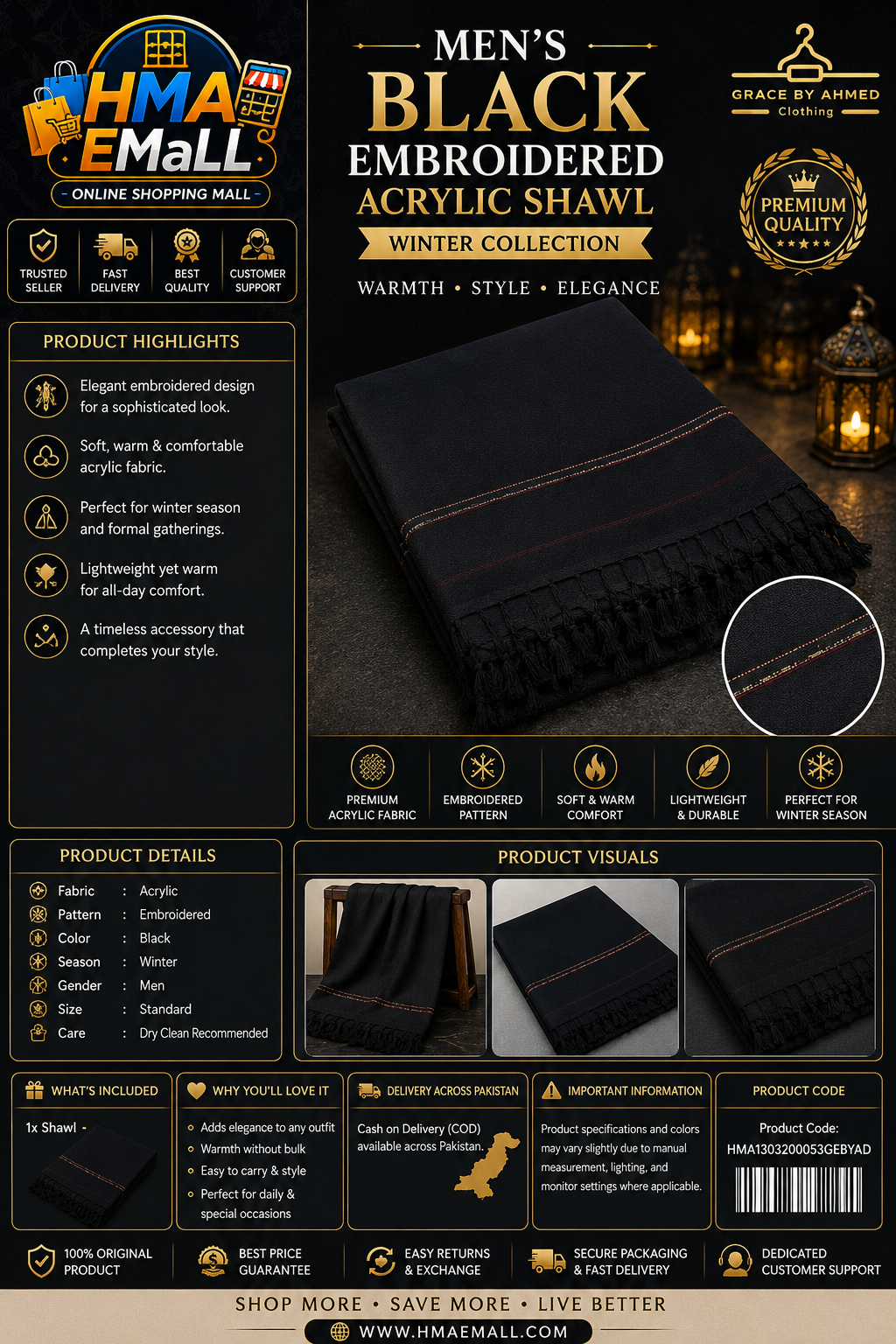 Men's Black Acrylic Embroidered Shawl Winter Collection