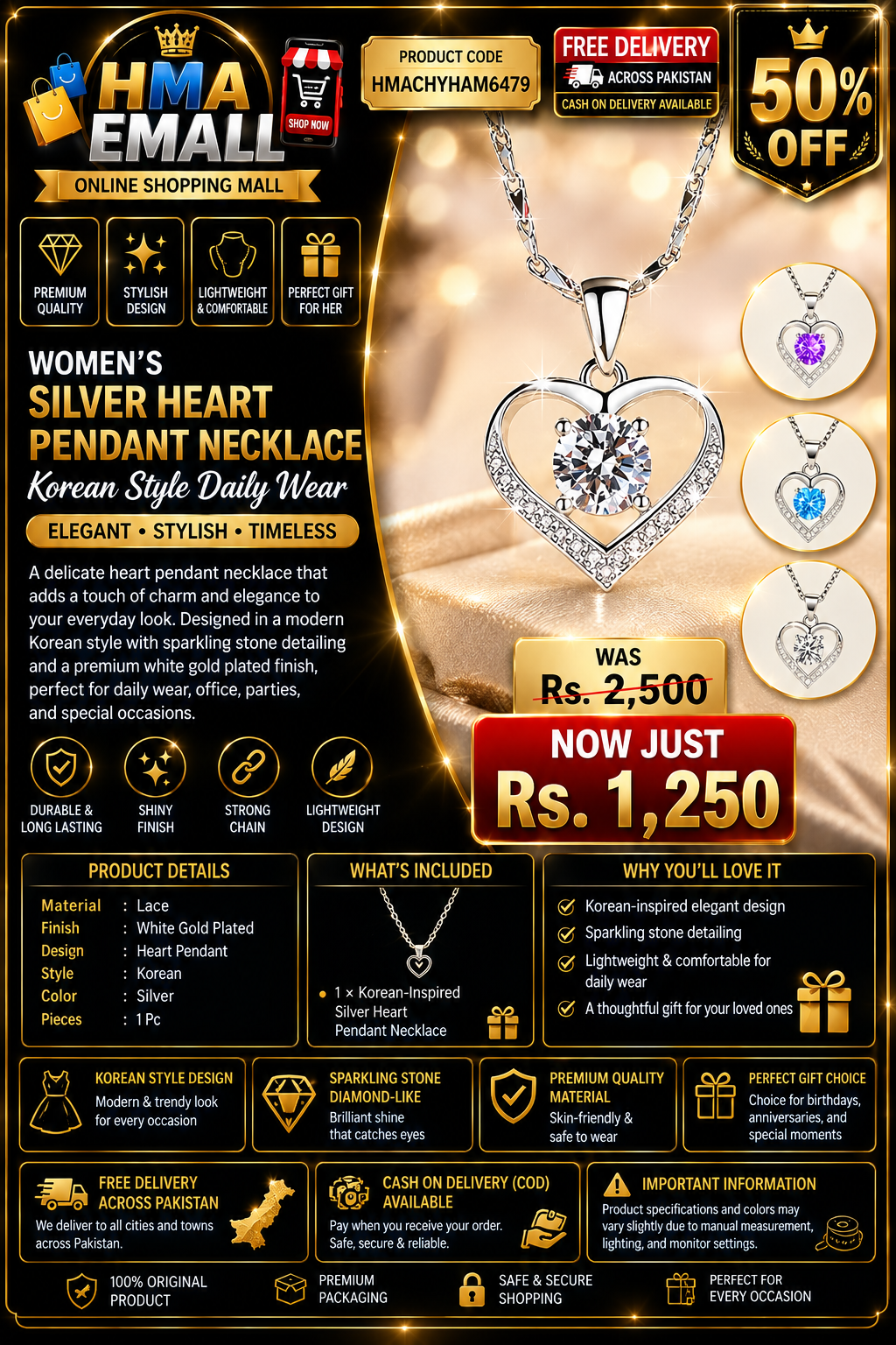 Women's Silver Heart Pendant Necklace – Korean Style Daily Wear