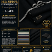 Men's Khaddar Unstitched Plain Suit Winter Black