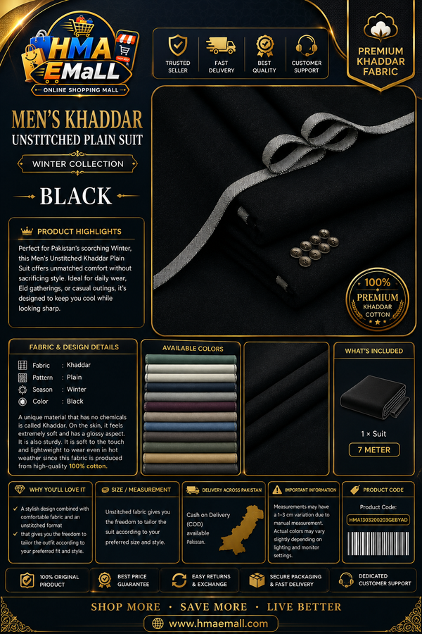 Men's Khaddar Unstitched Plain Suit Winter Black