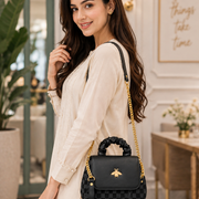 Women Printed Chain Strap Shoulder Bag Black - White