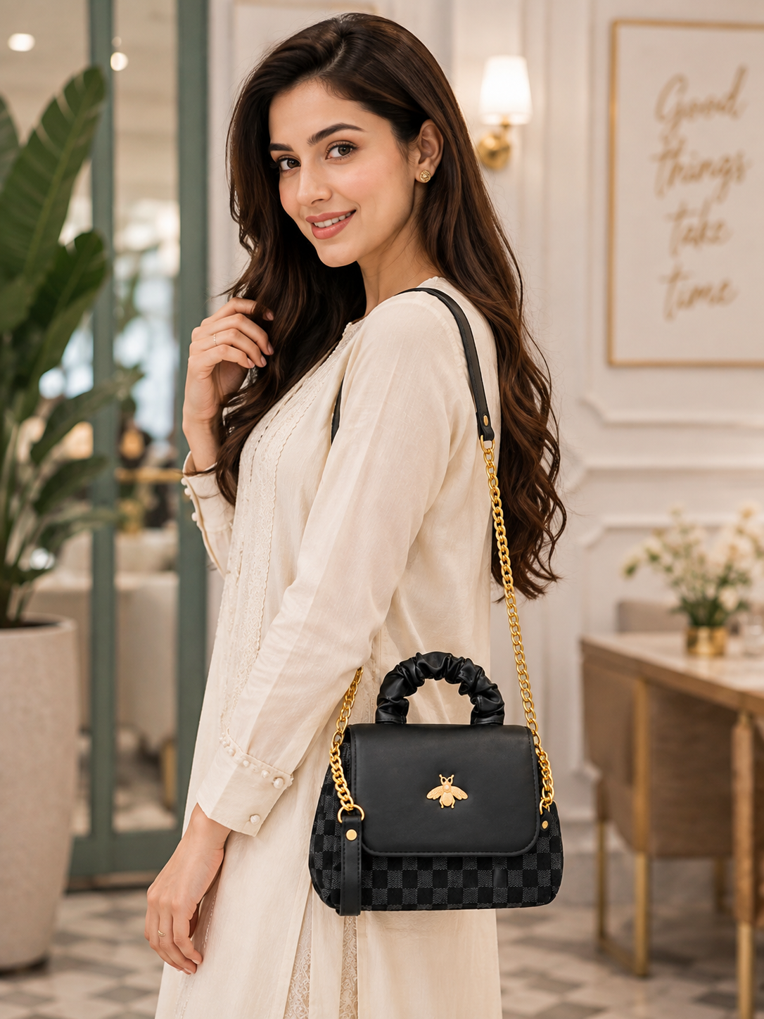 Women Printed Chain Strap Shoulder Bag Black - White