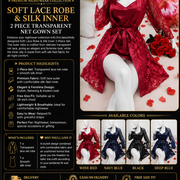 Soft Lace Robe & Silk Inner – 2 Piece Transparent Net Gown Set