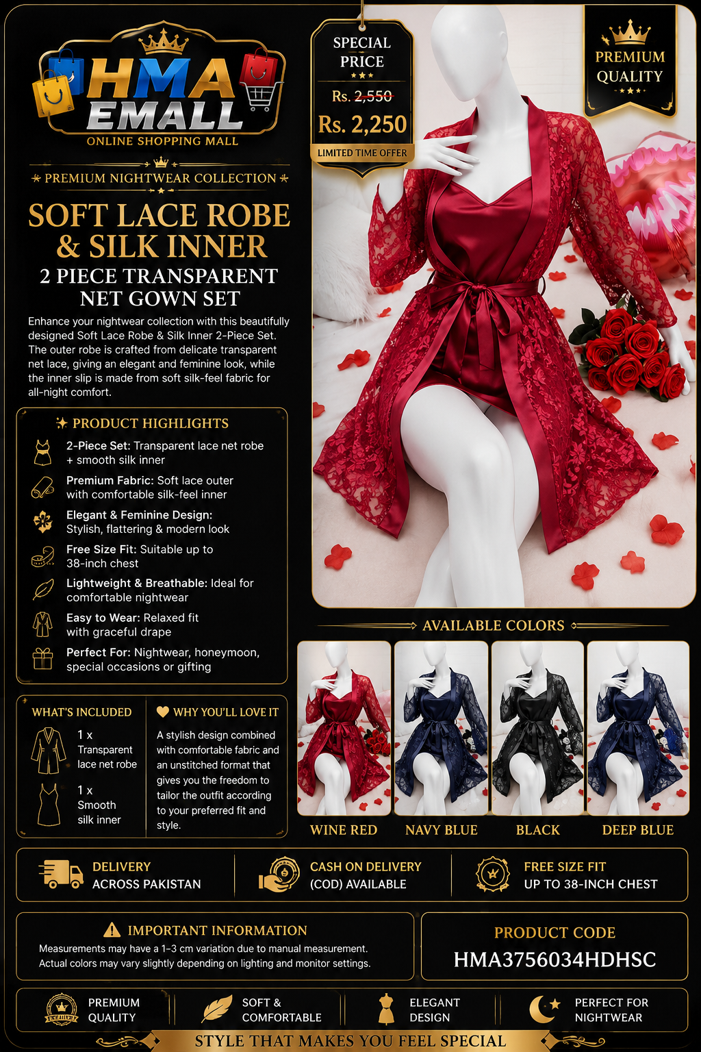 Soft Lace Robe & Silk Inner – 2 Piece Transparent Net Gown Set
