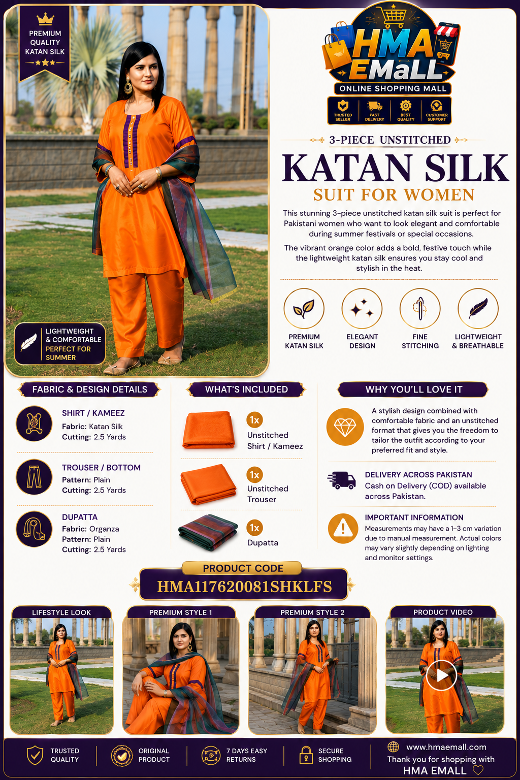 3-Piece Women's Unstitched Orange Katan Silk Suit
