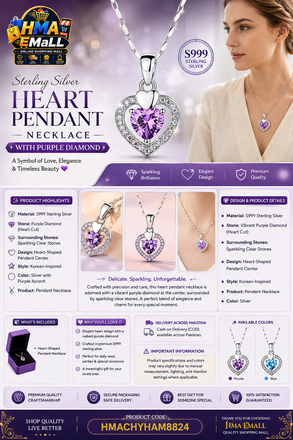 Sterling Silver Heart Pendant Necklace with Purple Diamond
