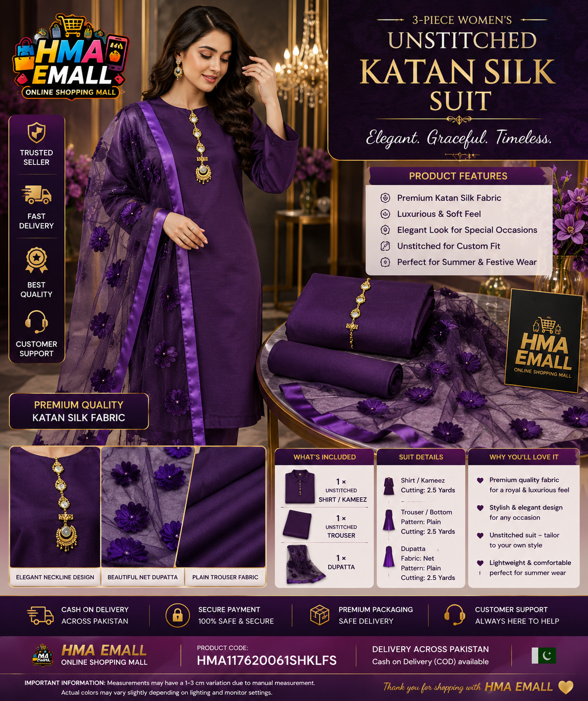 3-Piece Women's Unstitched Purple Katan Silk Suit