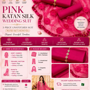 3-Piece Women's Unstitched Pink Katan Silk Wedding Suit with Net Dupatta