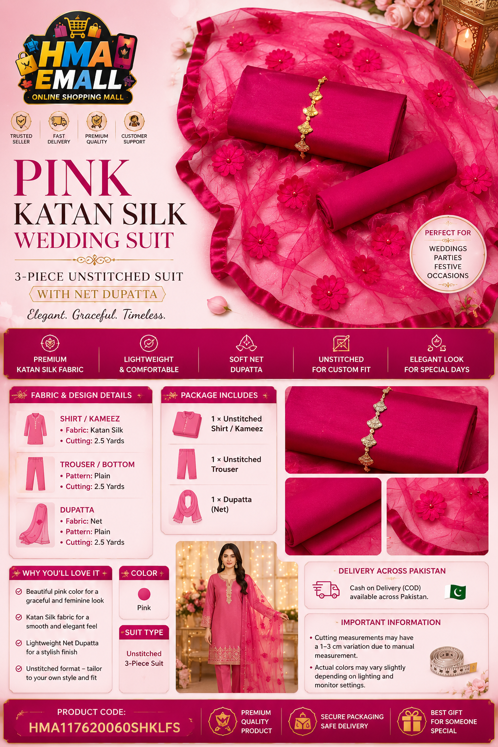 3-Piece Women's Unstitched Pink Katan Silk Wedding Suit with Net Dupatta