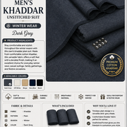 Men's Khaddar Unstitched Dark Grey Plain Suit – Winter