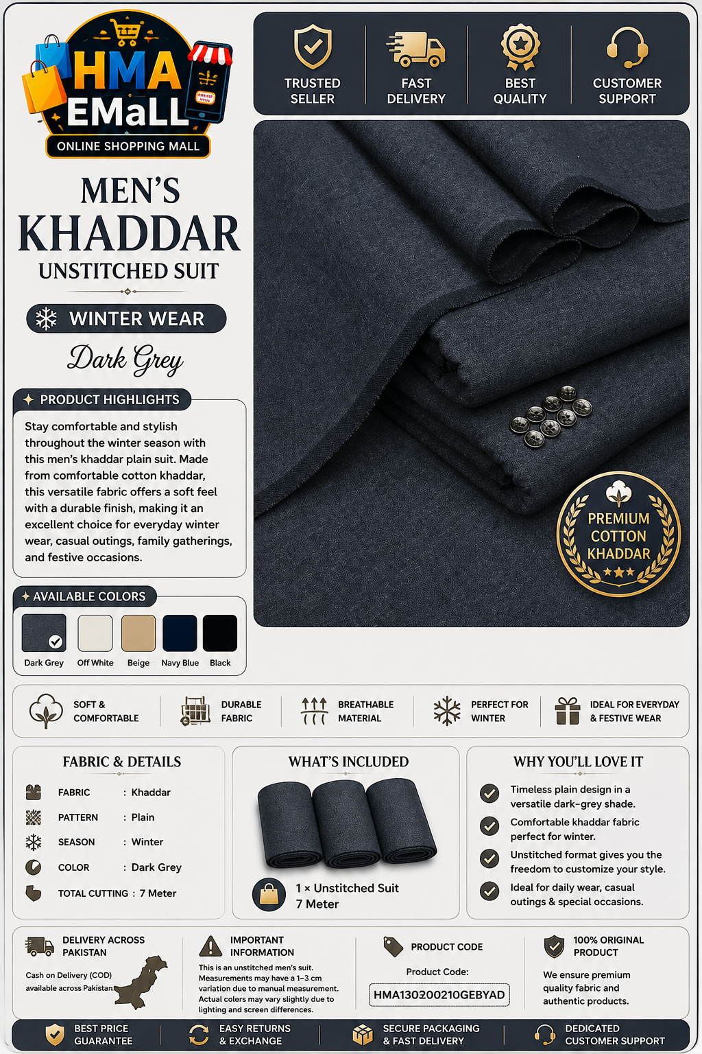 Men's Khaddar Unstitched Dark Grey Plain Suit – Winter