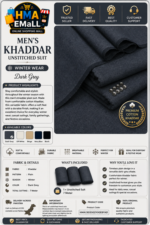 Men's Khaddar Unstitched Dark Grey Plain Suit – Winter