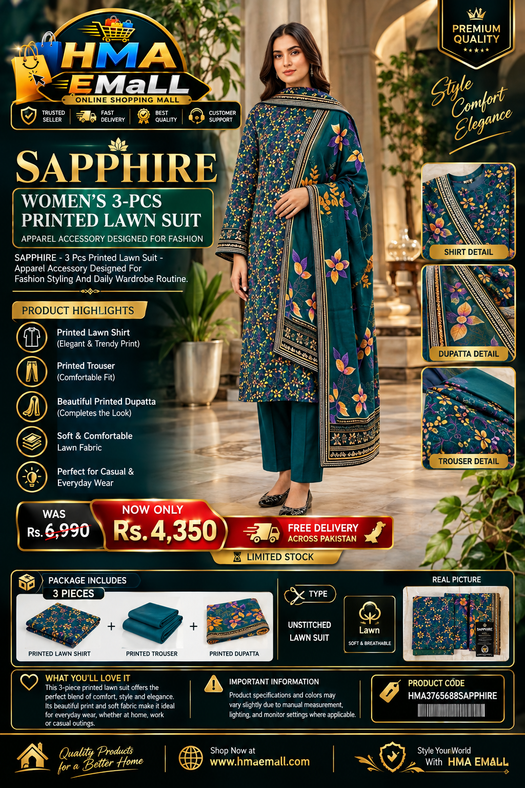 SAPPHIRE – Women’s 3-Pcs Green-Floral Unstitched Printed Lawn Suit – Apparel Accessory Designed for Fashion