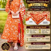 3-Piece Women's Unstitched Orange Printed Lawn Suit for Eid Party Wear